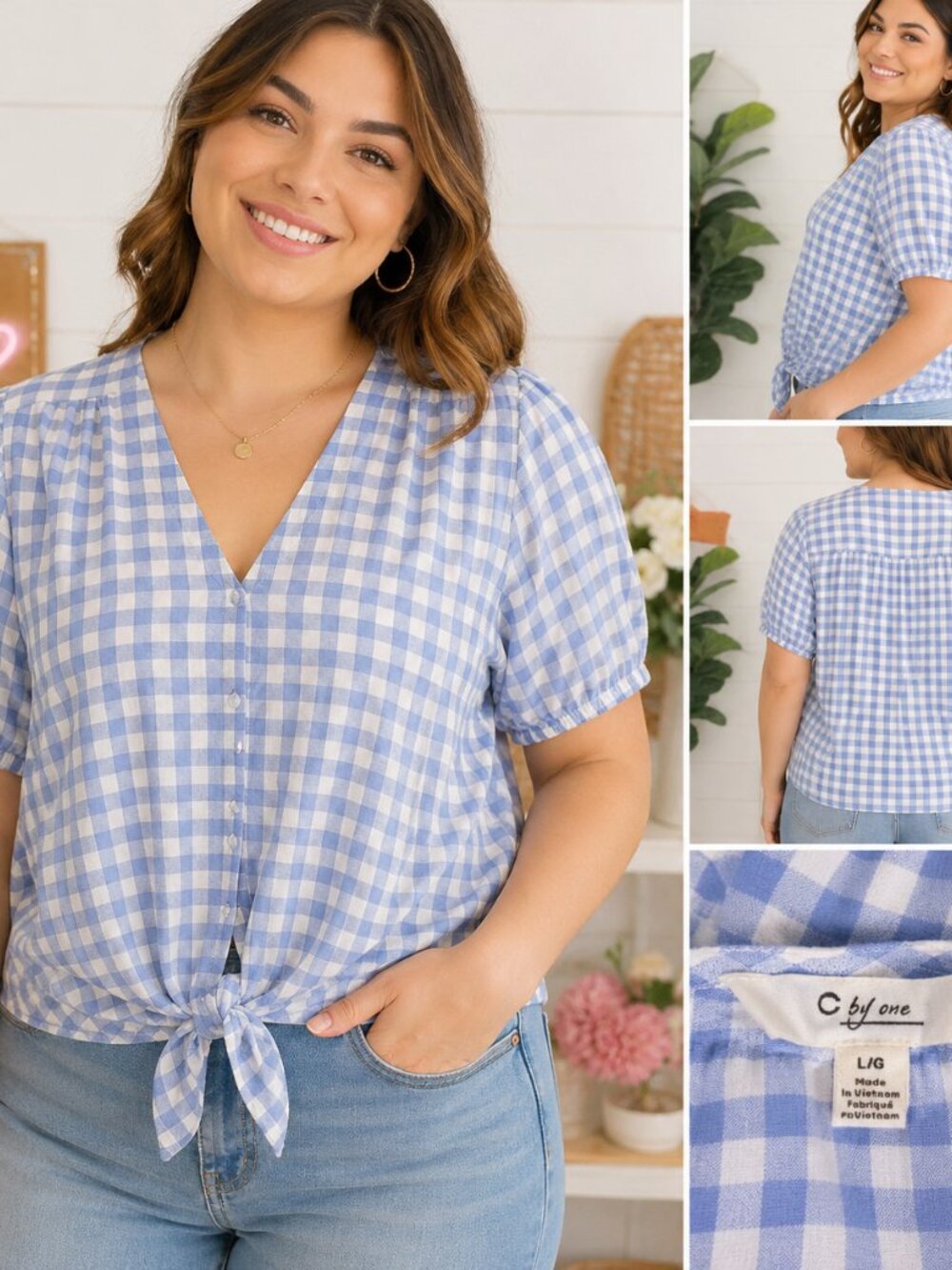 C by One Blue & White Gingham Tie-Front Blouse – Size L
